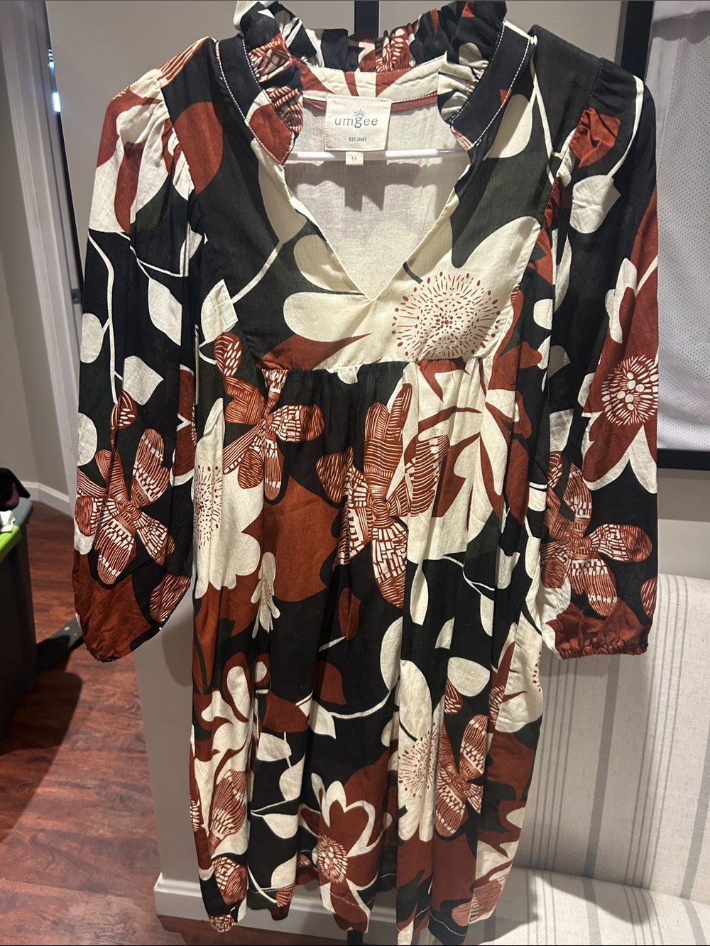 Umgee Black, Rust & Cream Floral V-Neck Dress